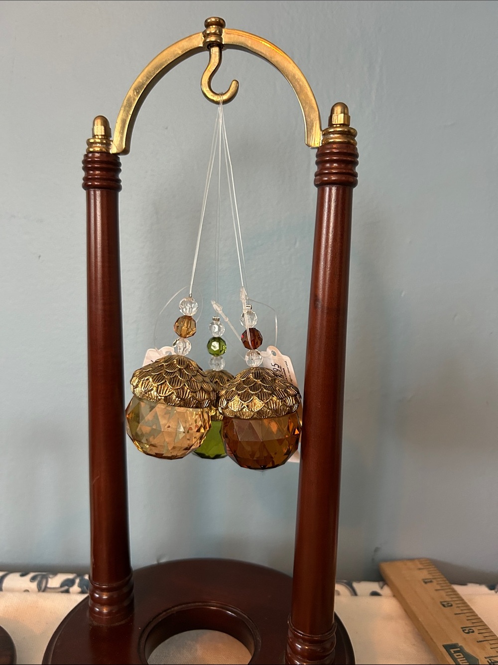 Three 3 Amber & Green GANZ Crystal Acorn Ornaments with Brass Caps NO STAND